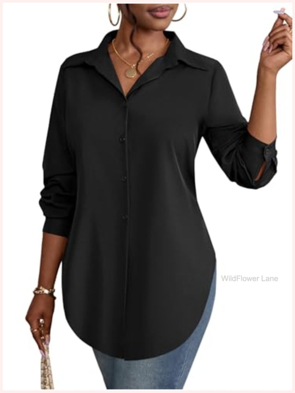 Women's Long Sleeve Button Down Shirt Collar V Neck Solid Blouse